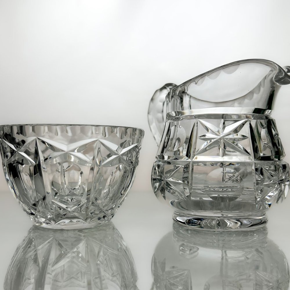 Crystal Creamer Set | Cut Crystal in 1970s Retro Design | Creamer, Sugar Bowl, T